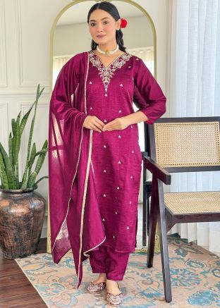 Readymade Purple Embroidered Pant Style Suit