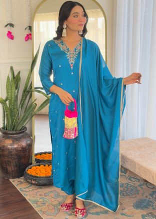 Readymade Blue Embroidered Pant Style Suit
