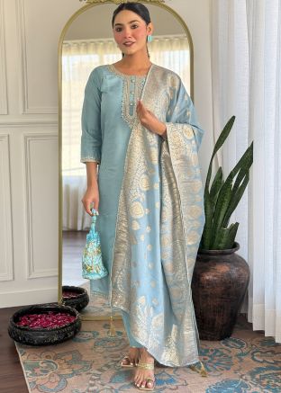 Sky Blue Readymade Embroidered Pant Suit