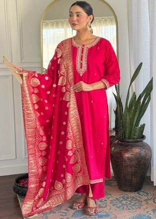 Pink Readymade Embroidered Pant Suit
