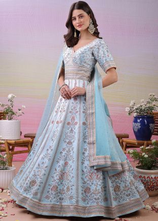 Blue Anarkali Salwar Suit Set Floral Print