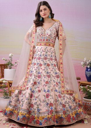 Cream Flrral Print Satin Anarkali Salwar Suit