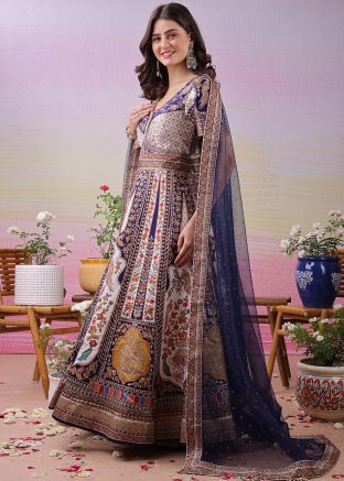 Blue Printed Anarkali Salwar Suit Set In Satin