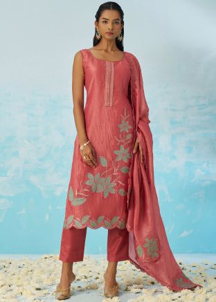 Red Embroidered Tissue Silk Salwar Suit Set