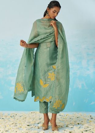 Green Embroidered Salwar Suit Set In Tissue Silk
