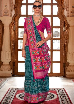 Teal Blue Printed Saree In Art Silk Saree
