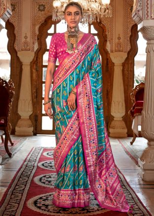 Blue Art Silk Saree & Blouse In Print