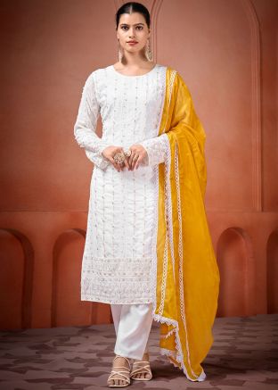 Readymade White Embroidered Pant Suit In Georgette