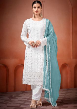 White Embroidered Readymade Georgette Pant Suit