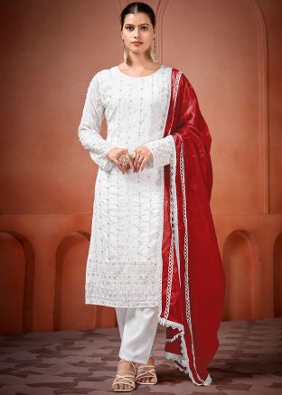 Readymade White Embroidered Pant Suit & Dupatta