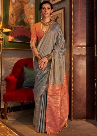 Grey Zari Woven Saree In Tussare Silk