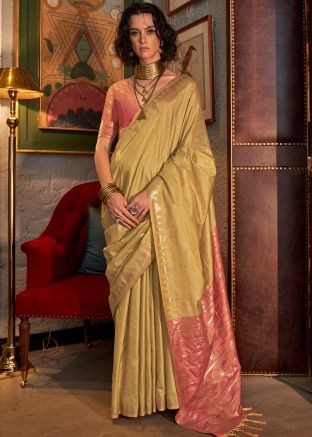 Green Tussar Silk Saree In Zari Woven Work