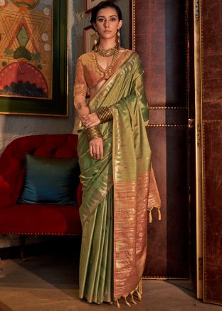 Green Zari Woven Saree In Tussar Silk