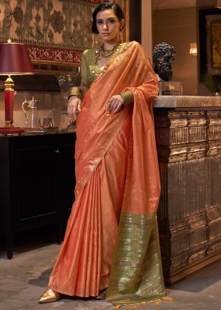 Orange Zari Woven Saree With Blouse