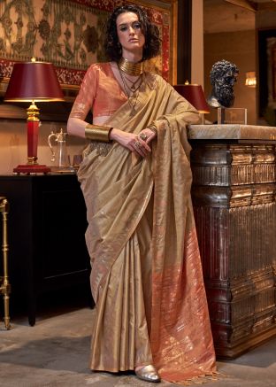 Beige Zari Woven Saree In Tussar Silk