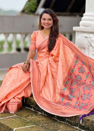 Peach Zari Woven Silk Saree