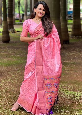 Pink Silk Saree In Zari Woven Work
