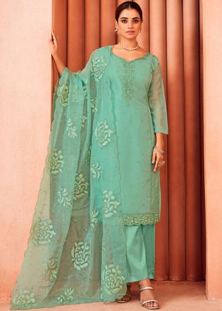 Turquoise Embroidered Pant Suit In Organza