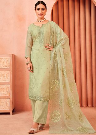 Pista Green Embroidered Pant Style Suit