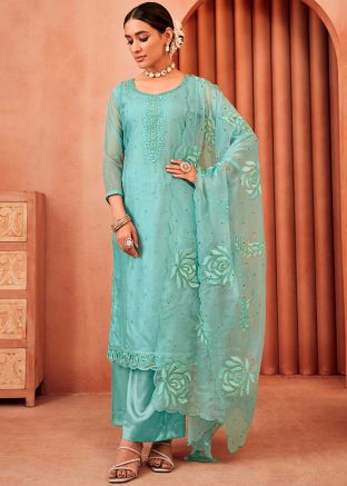 Sky Blue Embellished Organza Palazzo Suit