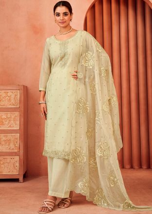 Beige Embroidered Organza Palazzo Style Suit