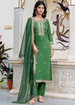 Green Embroidered Silk Salwar Suit Set