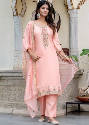 Pink Embroidered Salwar Suit Set In Silk