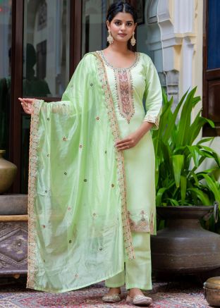 Green Embroidered Silk Salwar Suit Set