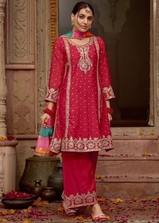 Readymade Pink Embroidered Palazzo Suit In Chiffon