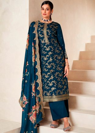 Teal Blue Woven Palazzo Suit In Viscose