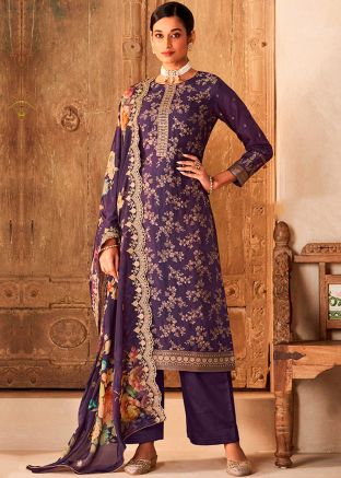 Purple Zari Woven Palazzo Suit In Viscose