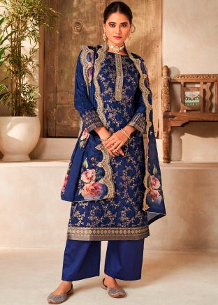 Blue Zari Woven Viscose Palazzo Style Suit