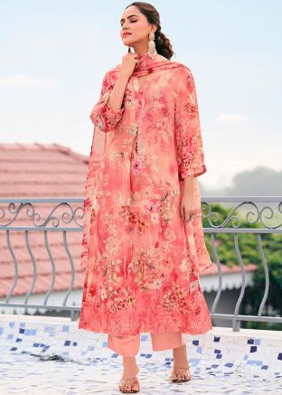 Peach Salwar Suit Set In Floral Print
