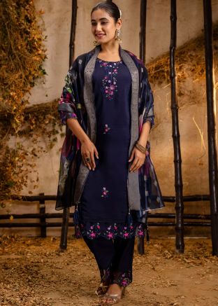 Navy Blue Embroidered Readymade Pant Suit