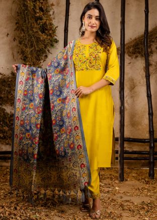 Yellow Readymade Embroidered Pant Suit Set