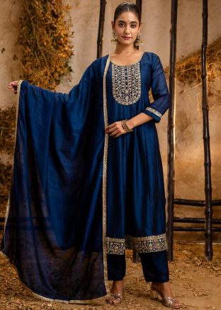 Readymade Blue Embroidered Pant Suit In Art Silk