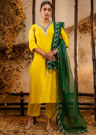 Yellow Readymade Embroidered Pant Suit Set