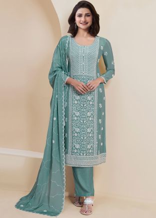 Prachi Desai Sky Blue Embroidered Pant Suit Set