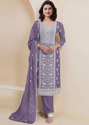 Prachi Desai Purple Embroidered Pant Suit Set