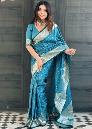 Teal Blue Art Banarasi Silk Saree In Woven Work