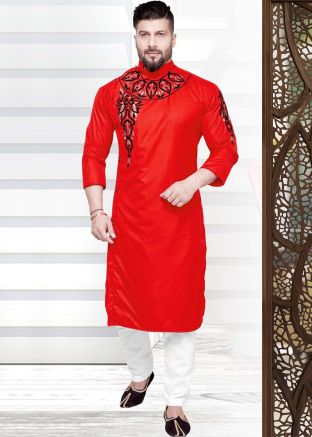 Readymade Red Kurta Churidaar In Cotton