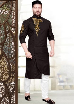 Black Cotton Readymade Kurta Churidaar Set