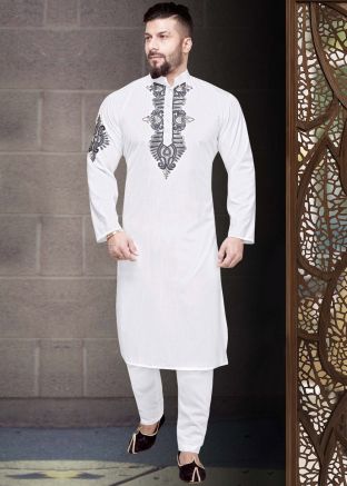 White Embroidered Readymade Kurta Pyjama