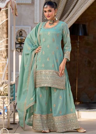 Green Embroidered Straight Cut Suit Set