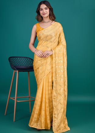 Yellow Sequins Embroidered Saree In Shimmer