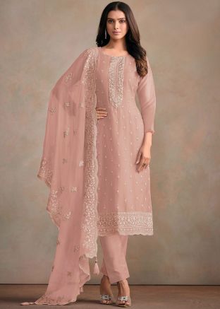 Dusty Pink Embroidered Organza Pant Suit