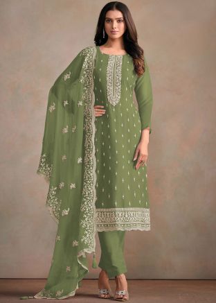 Olive Green Embellished Pant Suit In Organza