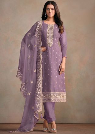 Purple Embroidered Pant Suit In Organza