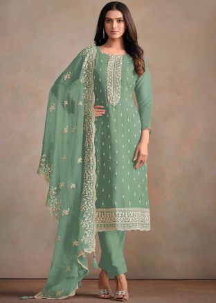 Sea Green Embroidered Organza Pant Suit