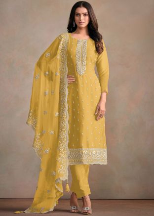 Yellow Embroidered Organza Pant Suit & Dupatta